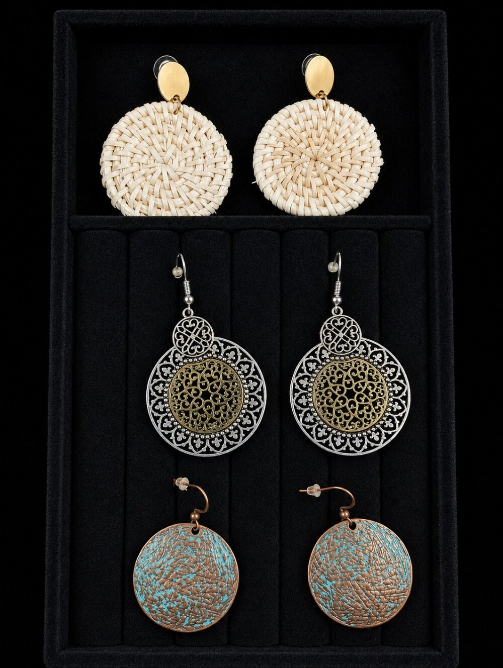 Y2K Statement Earrings Lot 3 Pairs Boho Woven Filigree Patina Dangle Wearable